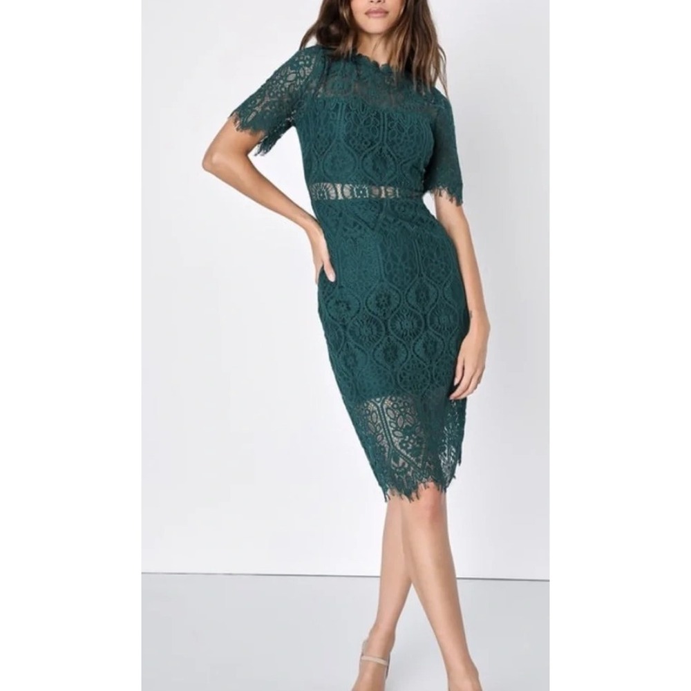 NEW Lulus Lace Sheath Dress Women XL Remarkable Green Short Sleeve Eyelash Trim